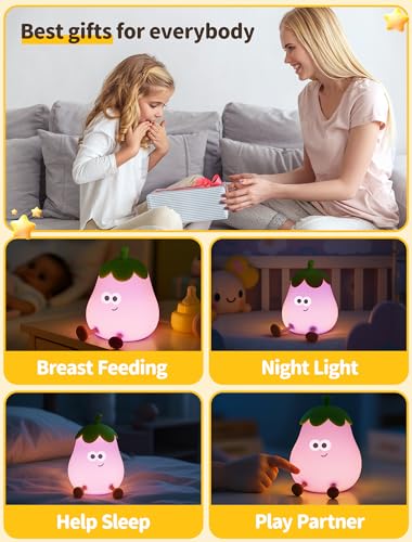 Eggplant Night Light - Cute Silicone Lamp, Dimmable LED for Kids