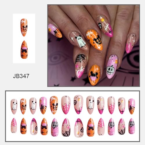 Mdscve Halloween Press On Nails Almond Fake Nails Pink Tip 24 Pcs