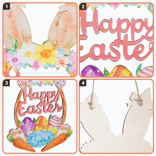 Colorful Wooden Easter Wreath with Rabbit & Floral Accents