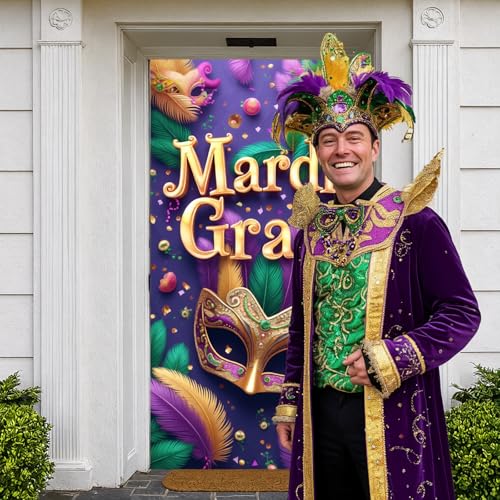Mardi Gras Door Cover Banner - Purple Mask Fat Tuesday Decor