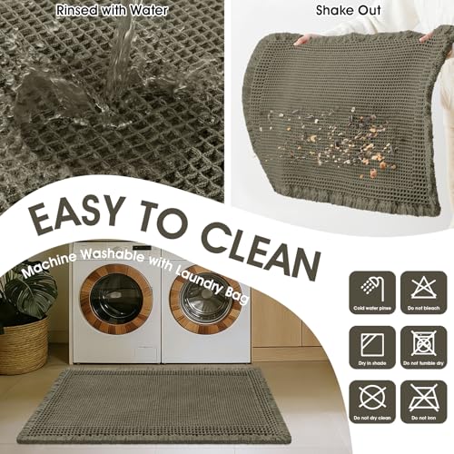 ACCUMTEK Waffle Bath Mat 36x24 in Greyish Green Bordered Non-Slip Quick Dry Bathroom Rug