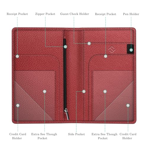 FINTIE Portable Server Book Organizer with Zipper Pocket - Poppy Red PU Leather Check Presenter