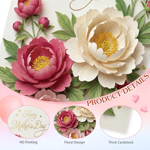 FLYAB Elegant Floral Mother's Day Card with Envelope - Peony Design
