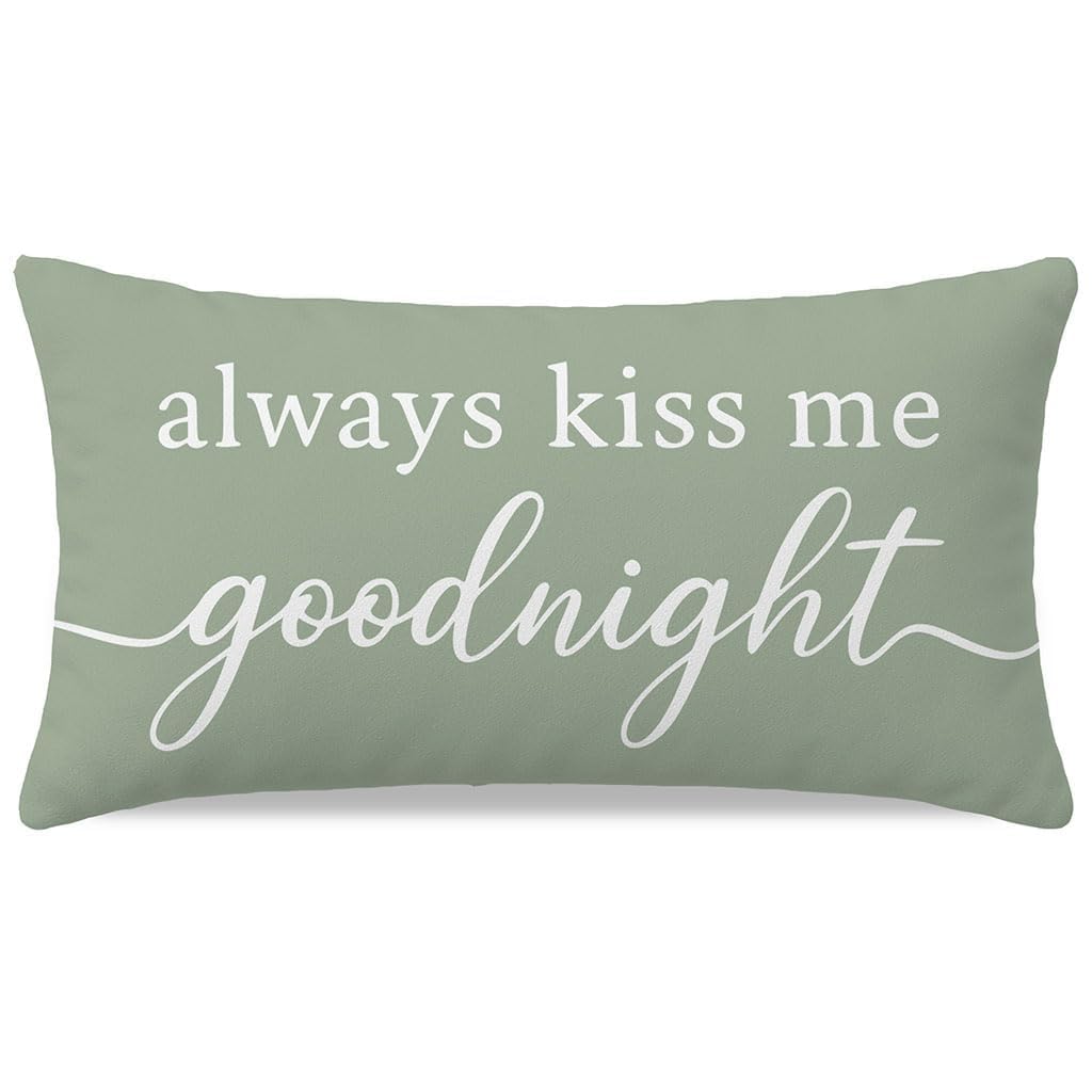 HERHOME Decorative Throw Pillow Cover 12x20 Inch, Always Kiss Me Goodnight Sage Green Lumbar Cushion Case for Bedroom Bed Sofa, Sweet Gifts for Couples Wedding Anniversary Spring Summer Home Decor