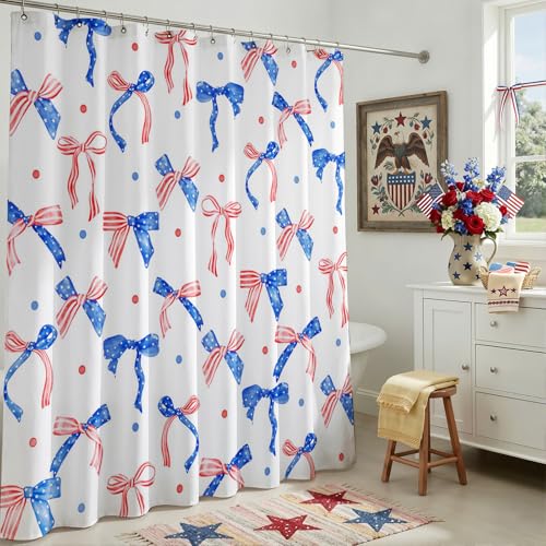 Patriotic Bow Shower Curtain - 4th of July Waterproof Fabric, 72x72