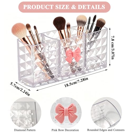 Chic Acrylic Makeup Brush Holder with Pink Bow - 3 Compartment Organizer