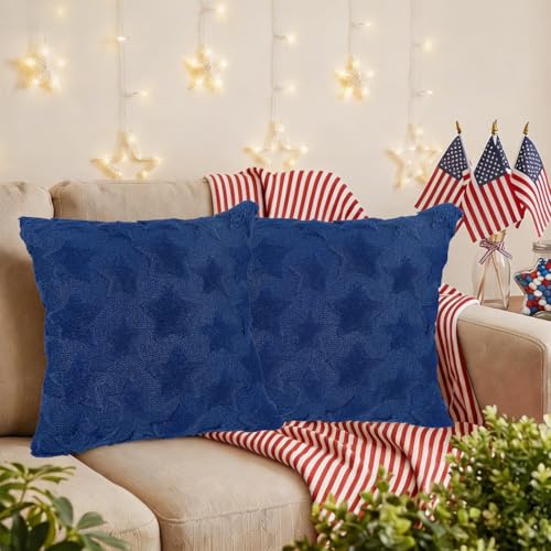 4th of July Pillow Covers Set of 2 - 18x18 Blue Star Design