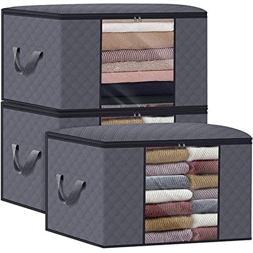 WISELIFE 3 Pack Large Grey Clothes Storage Bags 100L Foldable Organizers for Bedding & Clothing
