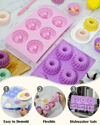 SmartKitch Silicone Jello Molds 3pcs Set - Fluted Tube Cake Pans (Purple, Blue, Pink)