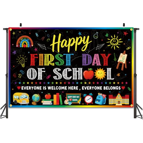Happy First Day of School Backdrop Banner, Multicolor 71x45 Inch Party Decor