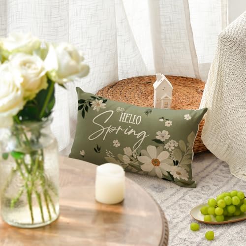 Hello Spring White Daisy Throw Pillow Cover - 12x20 Inch Eucalyptus Design