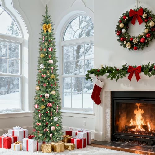 7FT Slim Prelit Christmas Tree with Warm White LED Lights, Green Variant
