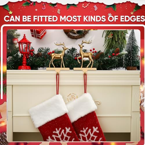 2 Pack Antique Gold Christmas Deer Stocking Holders for Mantle - Heavy Metal Holiday Hooks