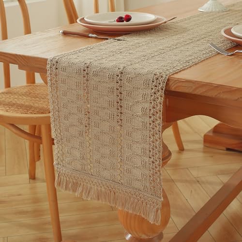 Brown Burlap Boho Table Runner 12 x 108 Inches with Tassels for Rustic Home Decor