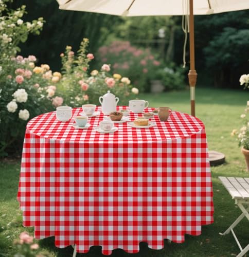 SietDESEO 84-Inch Round Red Gingham Tablecloth - 2 Pack Disposable Plaid Cover