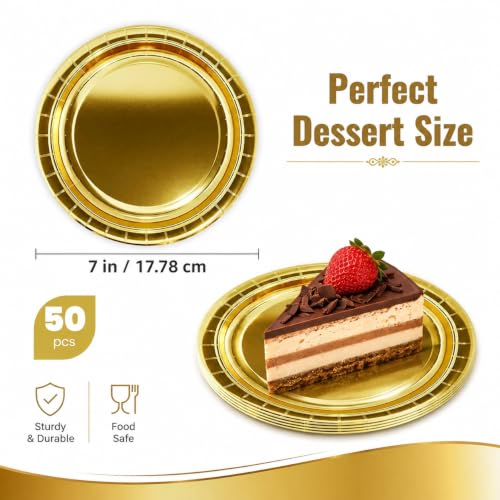 50 Pack Gold Paper Plates - 7 Inch Disposable Dessert Plates for Parties