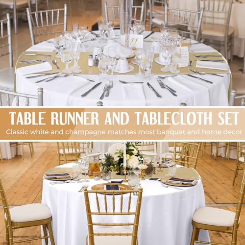 Tudomro 16 Pcs White and Gold Tablecloth & Satin Runner Set - Wedding & Party Decor
