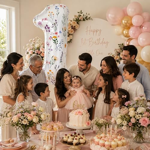 40-Inch Floral Number 1 Balloon for Baby Girl's 1st Birthday