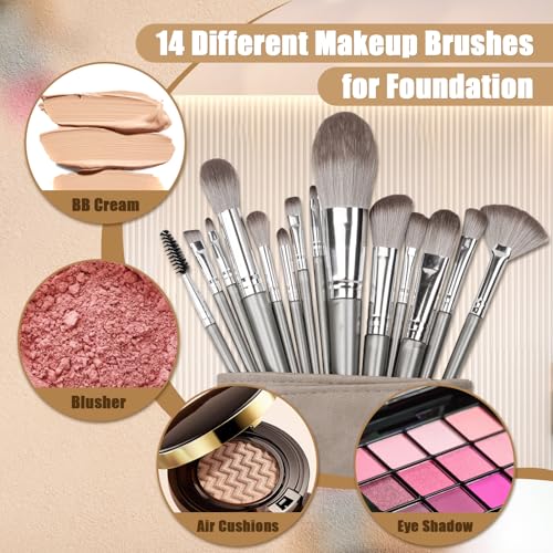 Amrules 14-Piece Professional Makeup Brush Set with PU Bag, Grayish