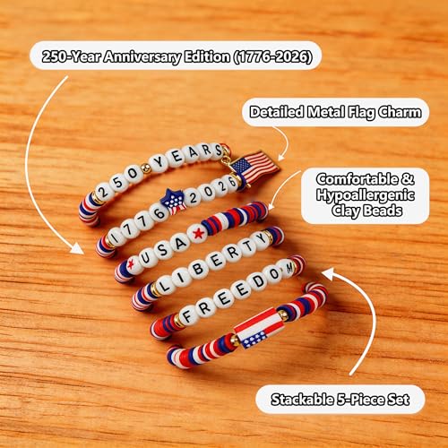 4th of July Patriotic Bracelets Set - 6 Pack in Red, White, Blue