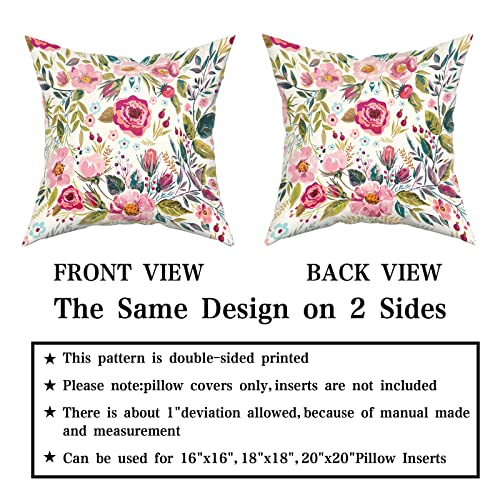 Pink Peony Throw Pillow Covers 18x18 Inch Set of 2 - Floral Cotton Cushion