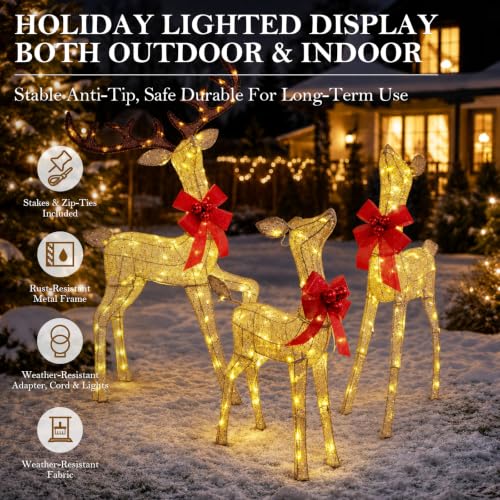 DrVIBES 3-Piece 4.3FT Gold 3D Lighted Christmas Reindeer Family Set - Outdoor Decor