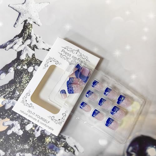 Christmas Press on Nails Square Fake Nails Snowflake Glitter Blue French Tip