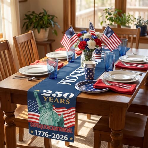 Patriotic 4th of July Table Runner 13x72 Inch - 250th Anniversary Linen Decor