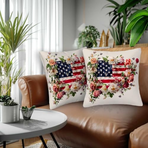 Floral Flag Fusion Throw Pillow Covers 18x18 (Set of 2) - Vintage American Design