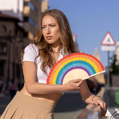 Rainbow Folding Fan - Eco-Friendly Wooden Handheld Fan for Women