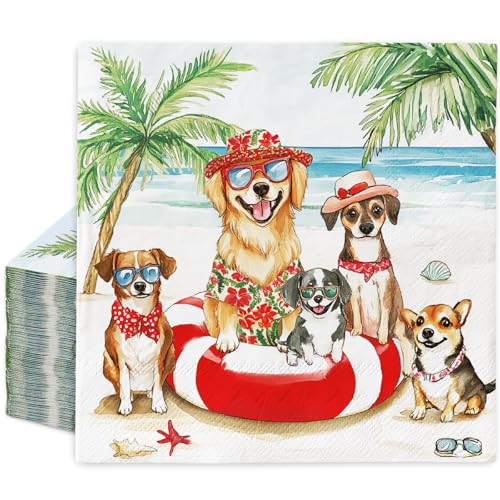 Tropical Dog Paper Napkins, 50-Count Summer Party Luncheon Napkins 6.5x6.5"