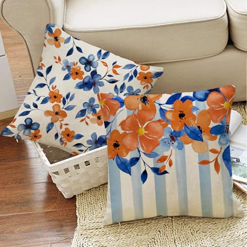 Blue Orange Flowers Decorative Throw Pillow Covers - Set of 4, 18x18