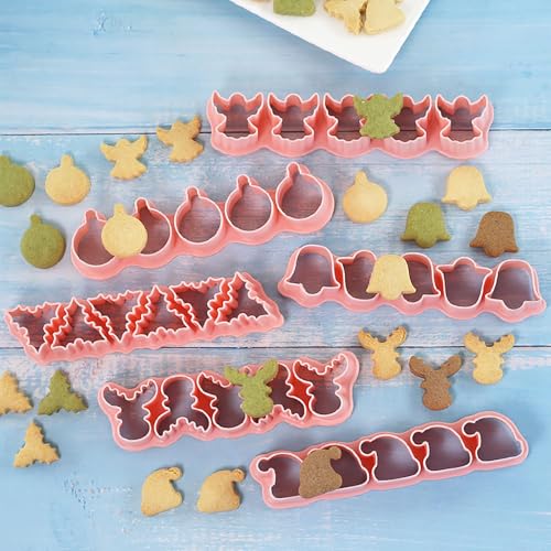 Mini Christmas Cookie Cutters Set - Bell, Angel, Elk, Snowball, Santa Hat, Tree Leaf - Holiday Baking Decorations - Variation of Christmas M