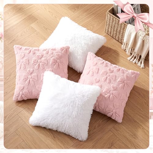 Mixweer 4-Pack Pink Bow & Plush Pillow Covers 18x18