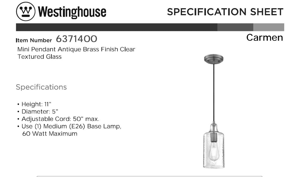 Westinghouse 6371400, Antique Brass Finish with Clear Textured Glass Carmen One-Light Indoor Mini Pendant, 120 Volts