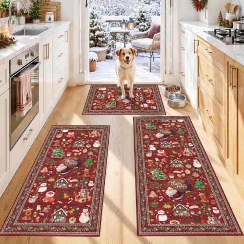 Christmas Kitchen Rugs Set of 3 Non-Slip Washable Holiday Runners - Red
