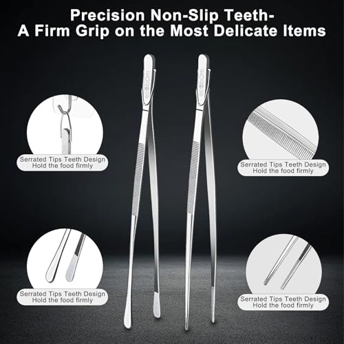 12-Inch Stainless Steel Cooking Tweezers - Dual-Tip Tongs for BBQ & Plating