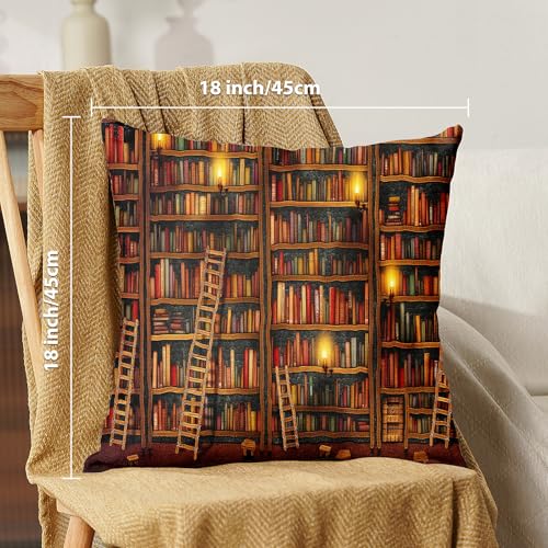18x18 Inch Linen Throw Pillow Covers Set - Vintage Library Design