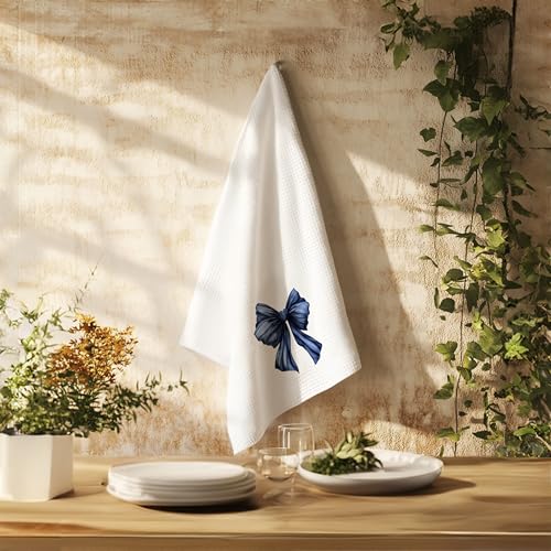 PIUD Navy Blue Bow Kitchen Towels, Preppy Waffle-Weave Hand Towels 16x24