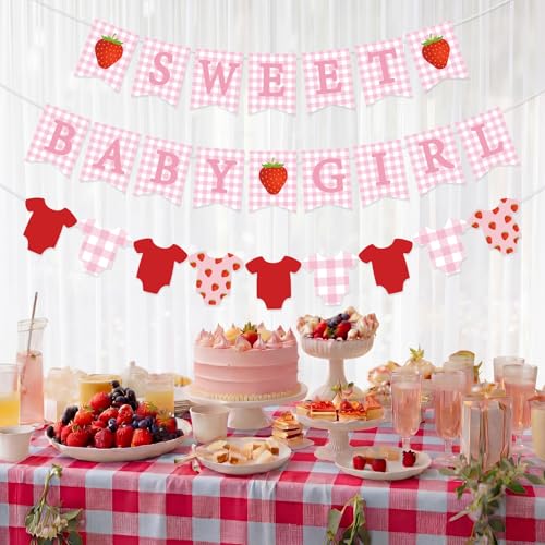 Strawberry Girl Baby Shower Banners Set - 3 Pcs Pink Gingham