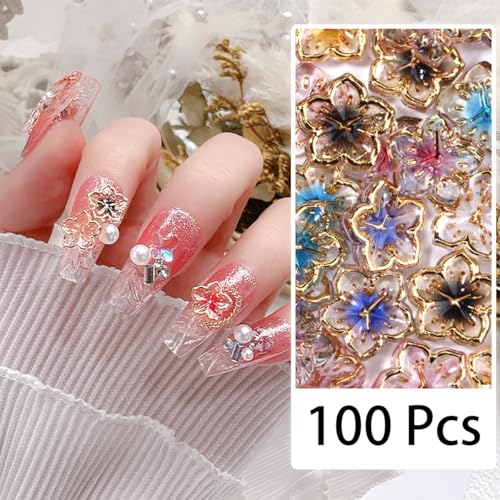 100Pcs 3D Flower Nail Charms Flatback Resin Floral Gems for DIY Manicure