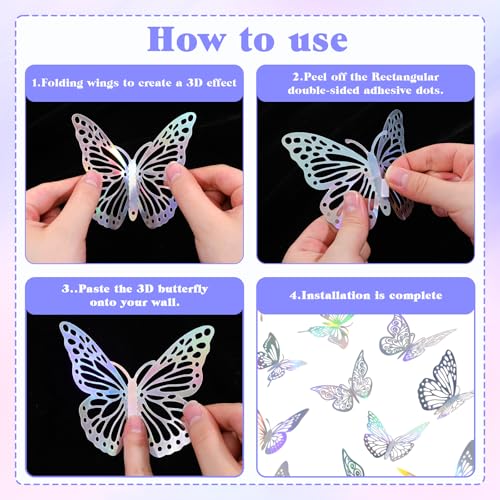 3D Silver Laser Butterfly Wall Decals - 48Pcs Removable Room Decor