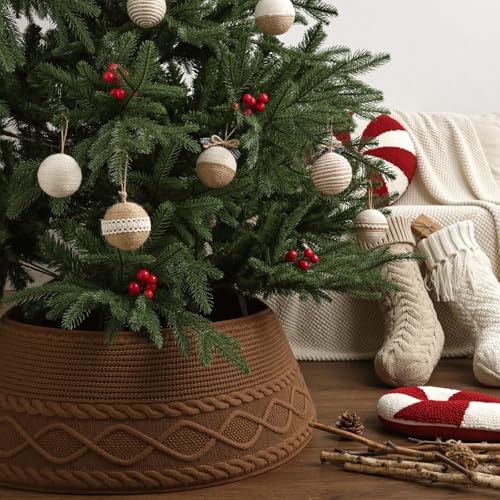 Large 36 Inch Neutral Brown Knitted Christmas Tree Collar - Rustic Farmhouse Holiday Decor