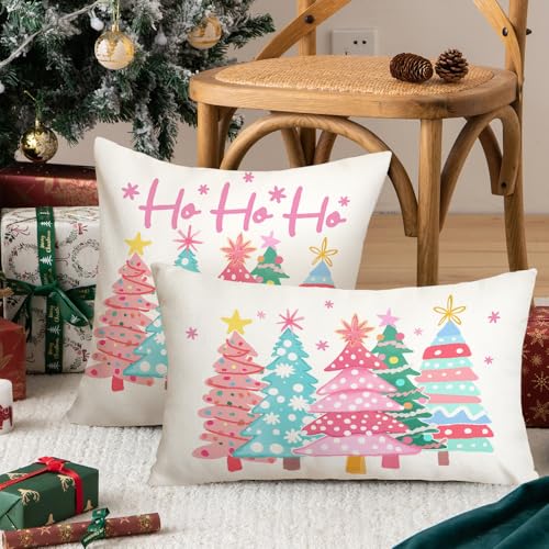 Watercolor Christmas Tree Pillow Cover 18x18 Inch Farmhouse Holiday Decor