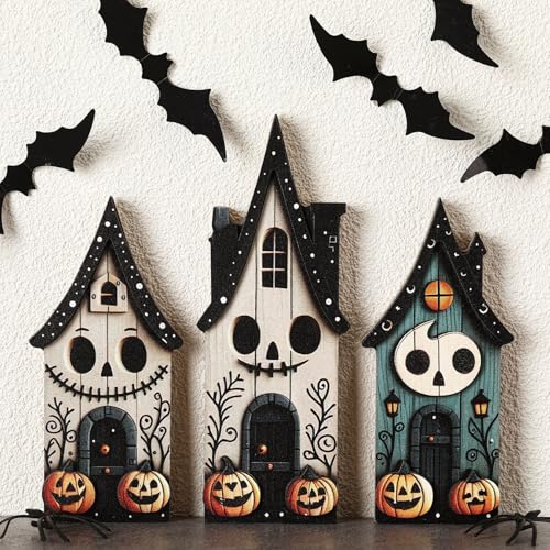 Haunted House Wooden Block Sign Set - 3 Pcs Halloween Table Decor