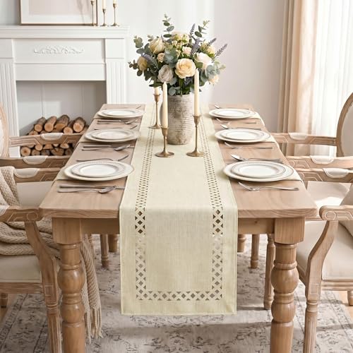 Beige Rustic Geometric Table Runner 13x90 Inch - Washable Polyester