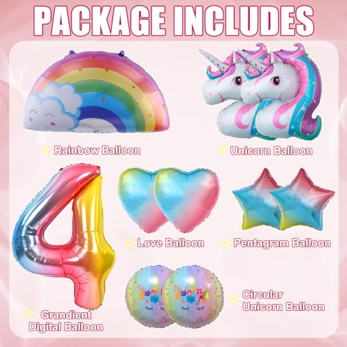 Unicorn 4th Birthday Balloon Set - 10pcs Foil Party Decorations for Girls
