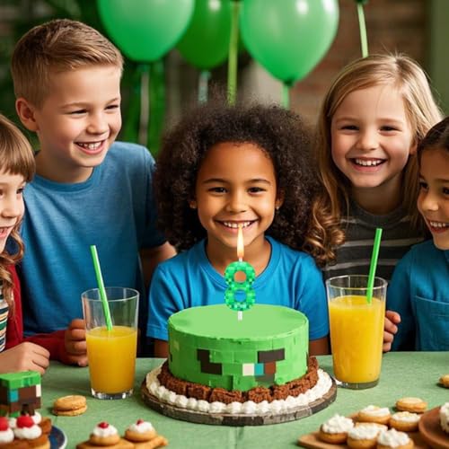 Green Pixel Number 8 Birthday Cake Candles for Game Parties