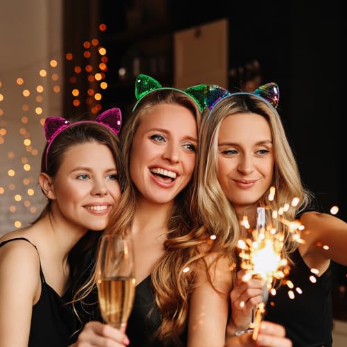 Glitter Cat Ears Headband 2-Pack Sequin Hair Hoops for Costume Parties