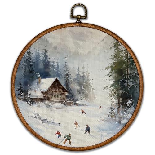 BCUANGD Winter Skiing Round Wall Art Canvas 10x10 Rustic Holiday Decor